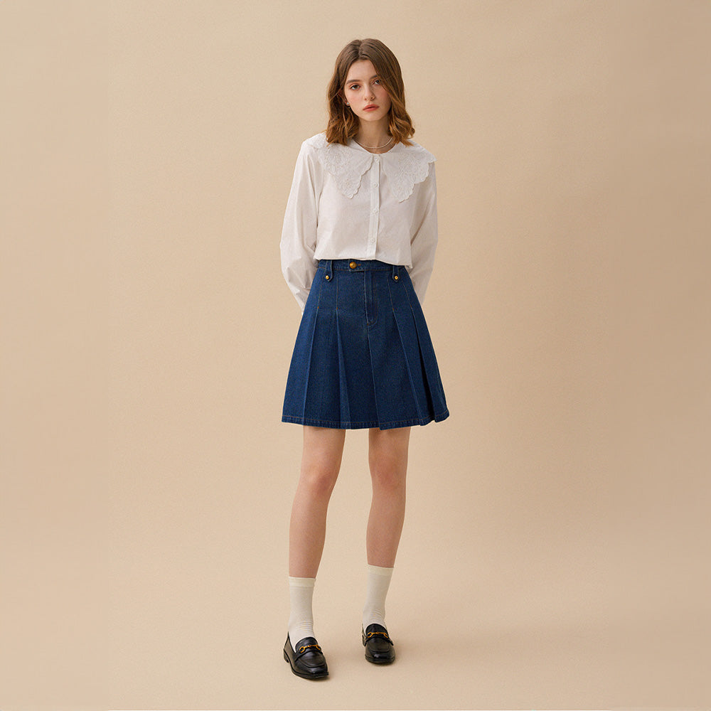 ミニスカート LENINA AUDREY denim pleats mid skirt_blue denim skirt AUDREY Denim Pleats Mid Skirt - Blue | Trendy Cotton Blend