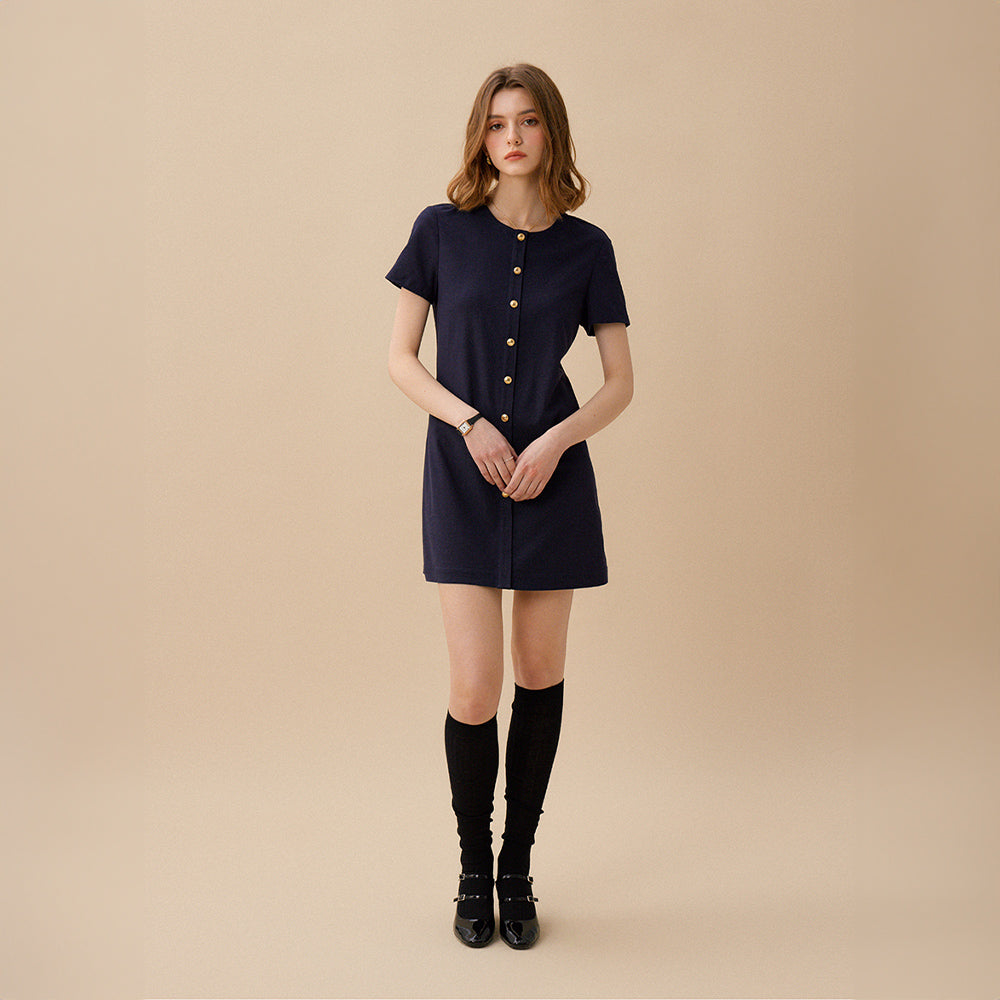 LENTINA Linen Button Dress - Navy