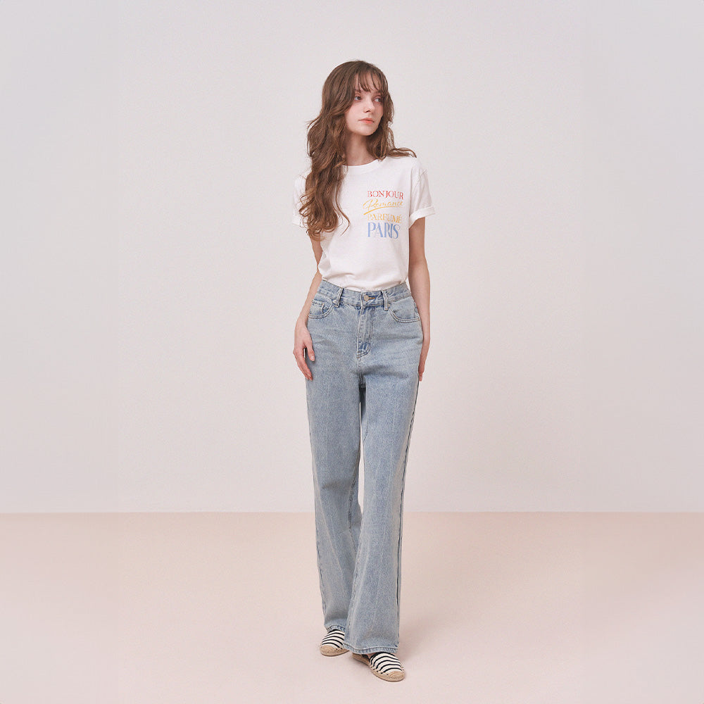 KINSLEY Wide Washing Denim Pants - Light blue