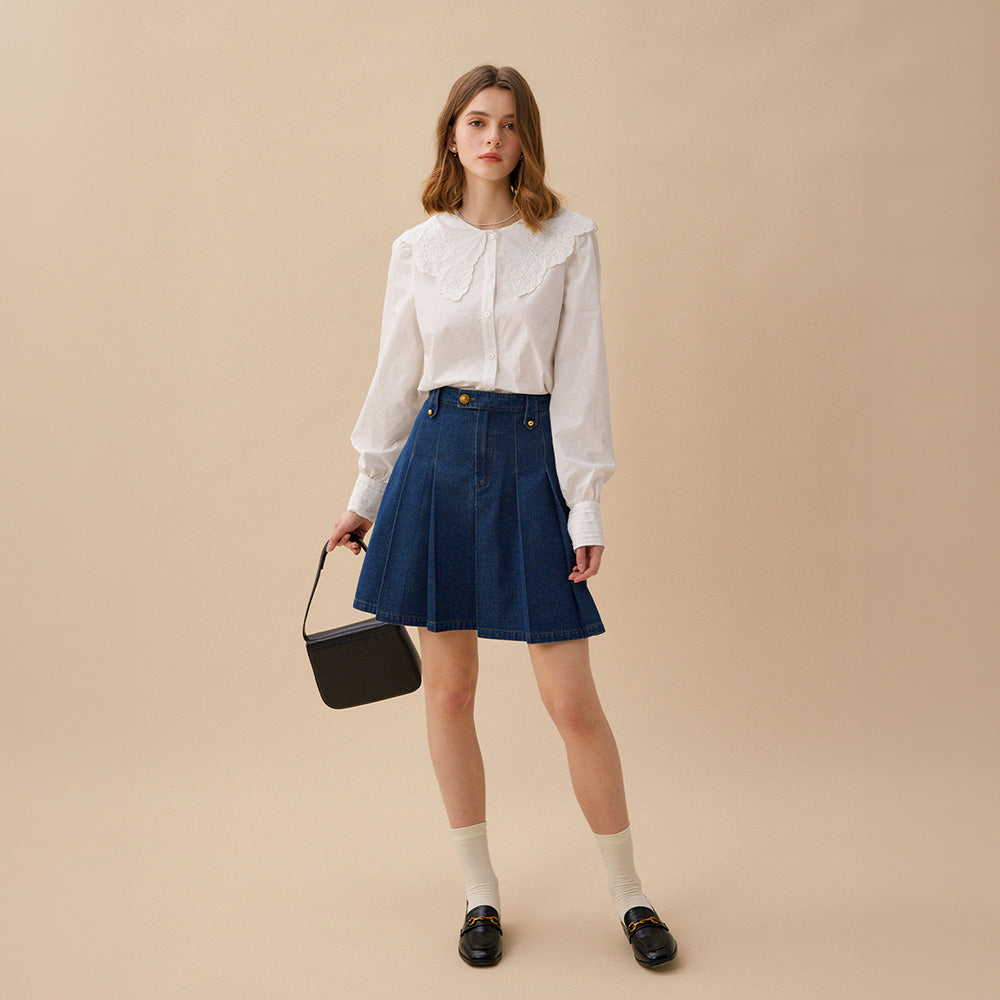 AUDREY Denim Pleats Mid Skirt - Blue