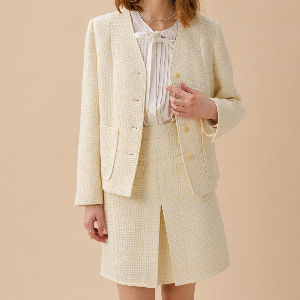 WILMA Woolen V Neck Tweed Jacket - Ivory – Lenina US