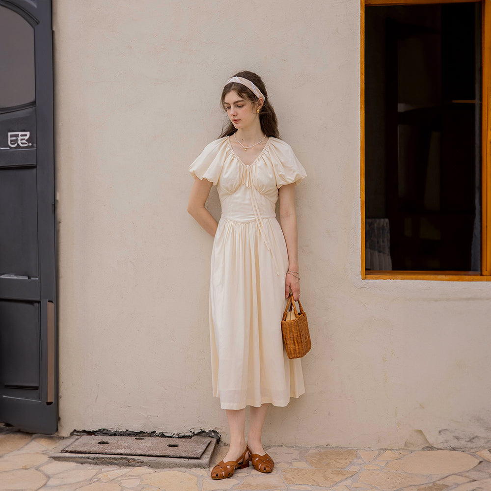 Lenina ♥ ALENA embroidery puff sleeve dress Alanna Puff Sleeve Lace Maxi Dress | Yellow Hollow-Out Chic